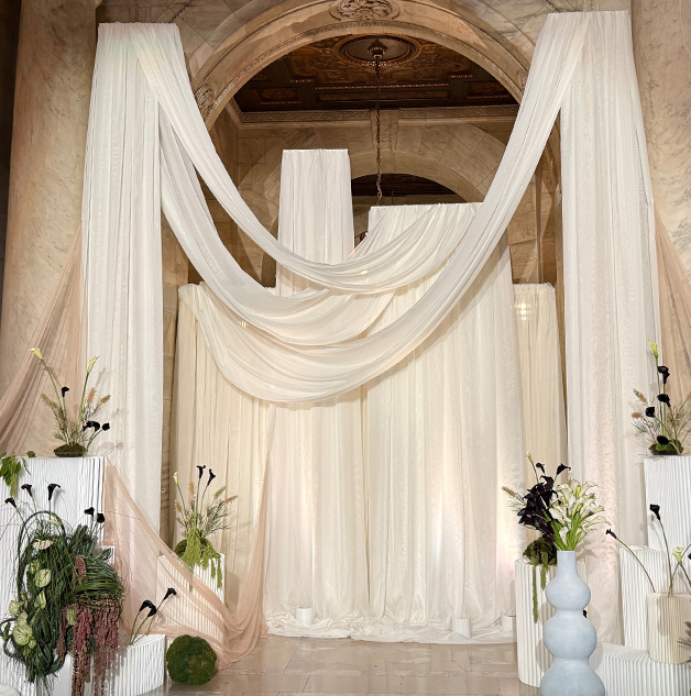 Draped wedding installation with calla lilies at the New York Public Library